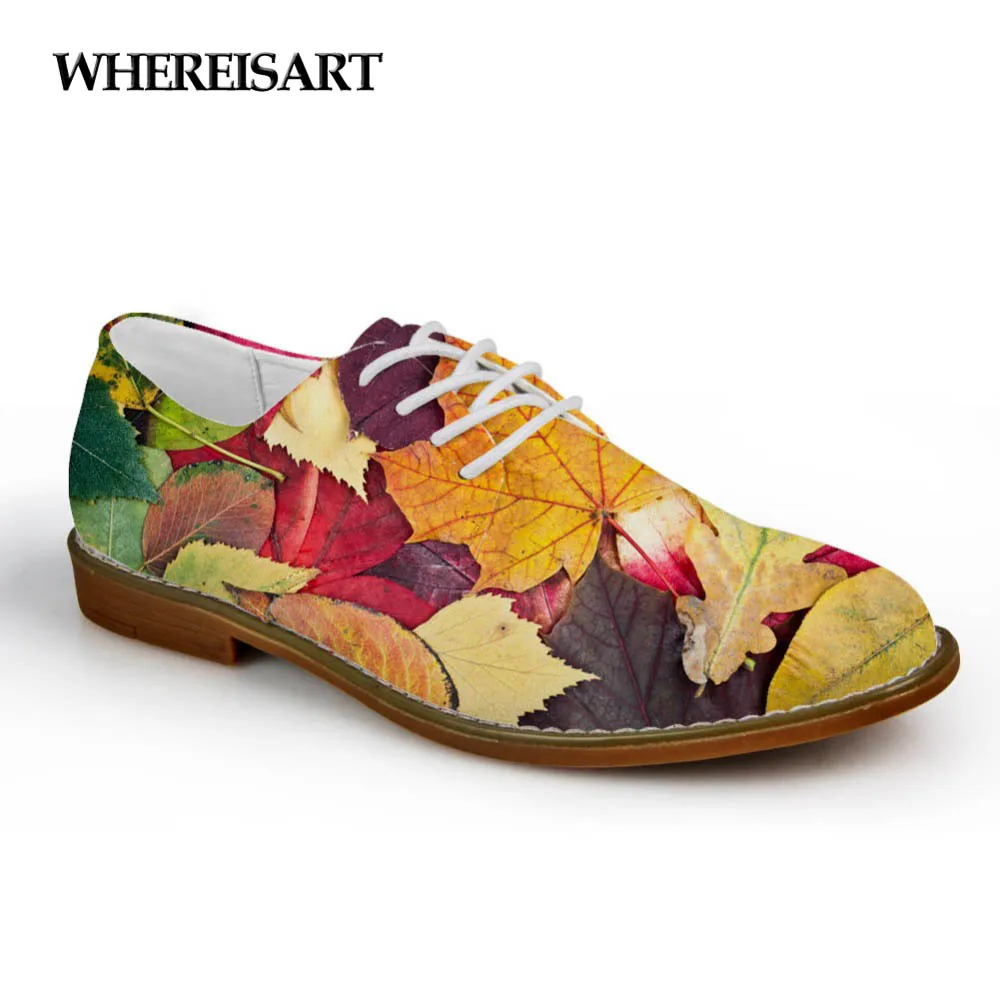 

WHEREISART Brand Synthetic Leather Women Casual Shoes Mixed Color Novelty Maple Leaf Printed Oxfords Shoes for Man Lace up Flats