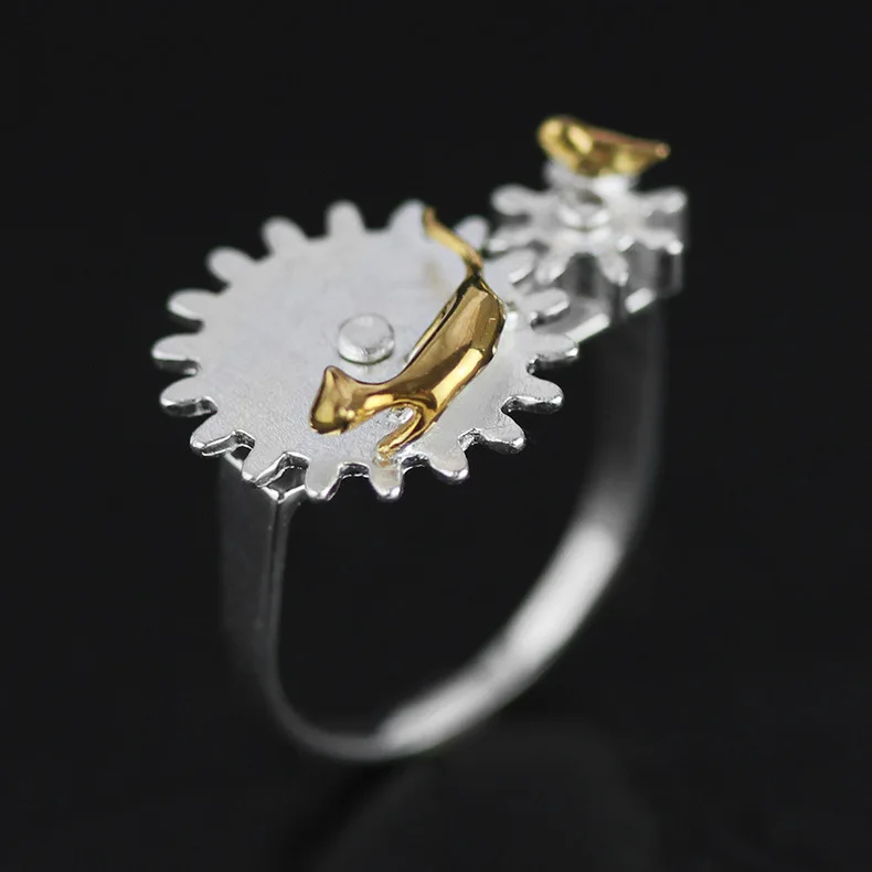 

CMAJOR Original 925 Sterling Silver Cat and Bird on Cog Two Tone Rings for Women Handmade Rotatable Fine Jewelry Designer