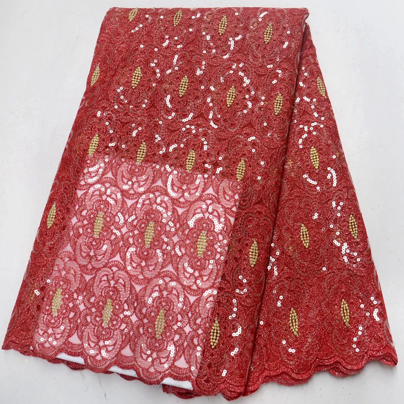 

2018 Newest Red embroidered sequins High Quality African embroidered french tulle lace fabrics for wedding organza fabric