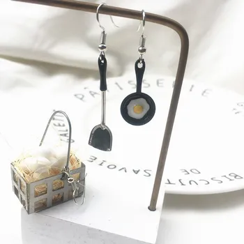 

2019 New Arrival Creative Egg Basket Spatula Earrings Funny Flat Bottom Fried Egg Pot Hyperbole Asymmetrical Earrings