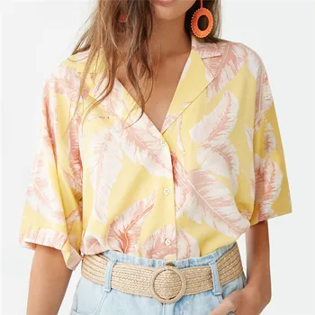 

Women Blouses 2019 Fashion Short Sleeve Turn Down Collar Office Shirt Chiffon Blouse Shirt Casual Tops Street Print Loose Blusas