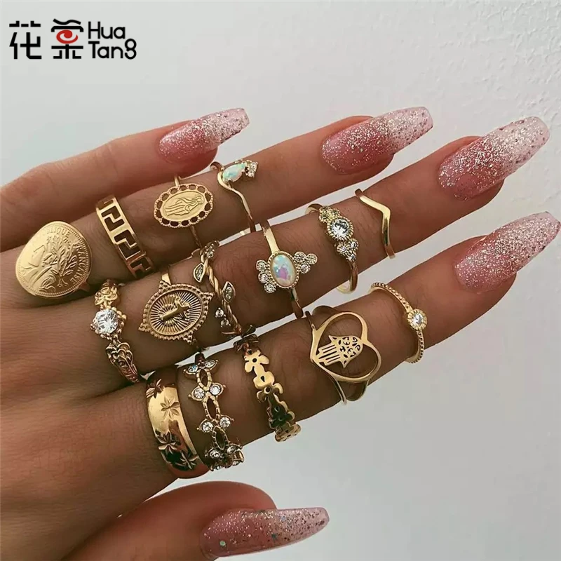 

HuaTang Fashion Gold Color Carving Cross Flowers Crystal Opal Wave Rings Set for Women Knukle Ring Party Jewelry Anillo 7056