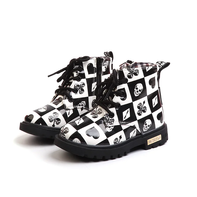 

Autumn Winter Children Shoes Fashion Skull Floral Martin Boots PU Leather Waterproof Baby Kids Shoes For Girls Boys Boots