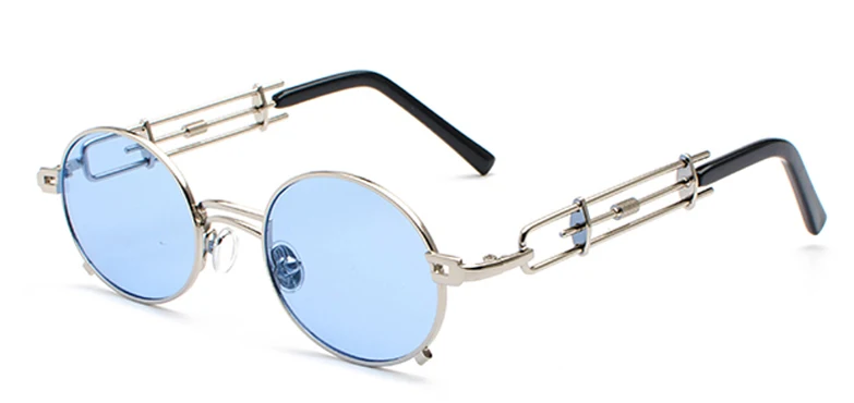 Ретро стимпанк Солнцезащитные очки мужские круглые винтажные металлическая оправа золотые черные овальные солнцезащитные очки для женщин красные мужские очки подарок UV400 - Цвет линз: silver with blue
