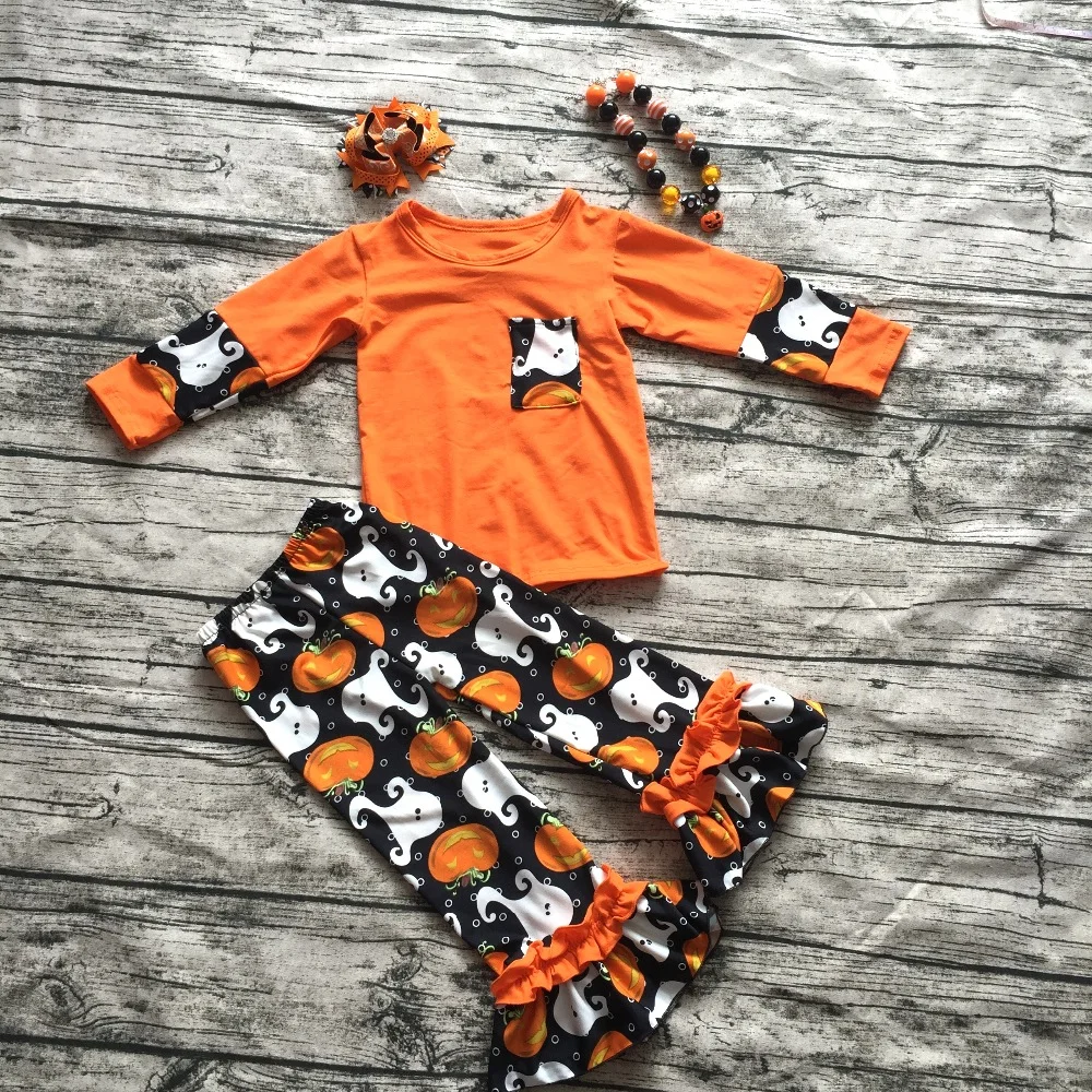 

2018 new baby girls outfits halloween baby kids boutique baby girl kid halloween outfits pumpkin sets with matching necklace bow