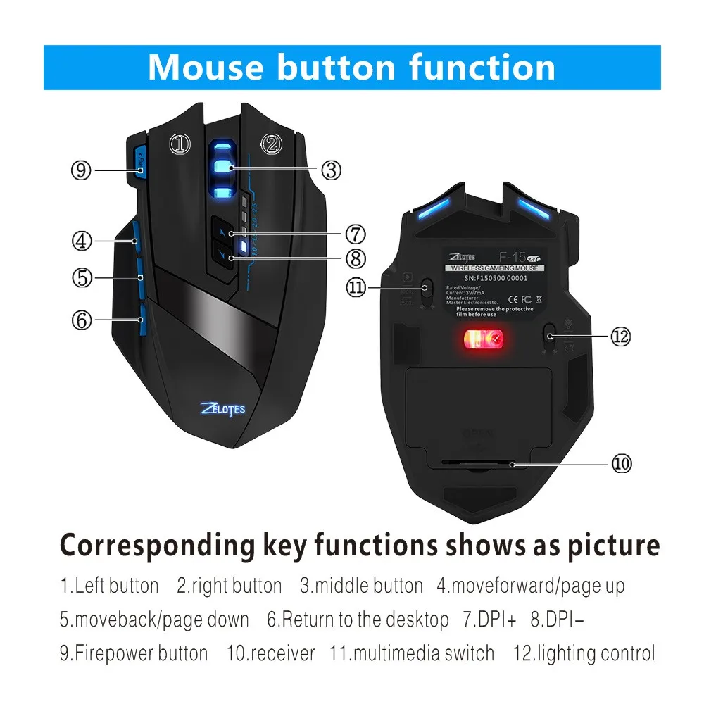 Горячая Распродажа, оригинальная игровая мышь ZELOTES F-15 с двумя режимами, 2500 dpi, проводная/Беспроводная Регулируемая dpi для ПК, ноутбука, компьютера# g