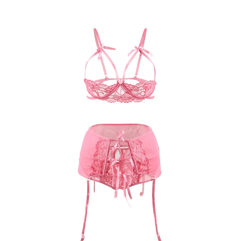 Sexy Clothes For Women Porn Open Bra Erotic Lingerie Set With Garterbelt Black Pink Garter