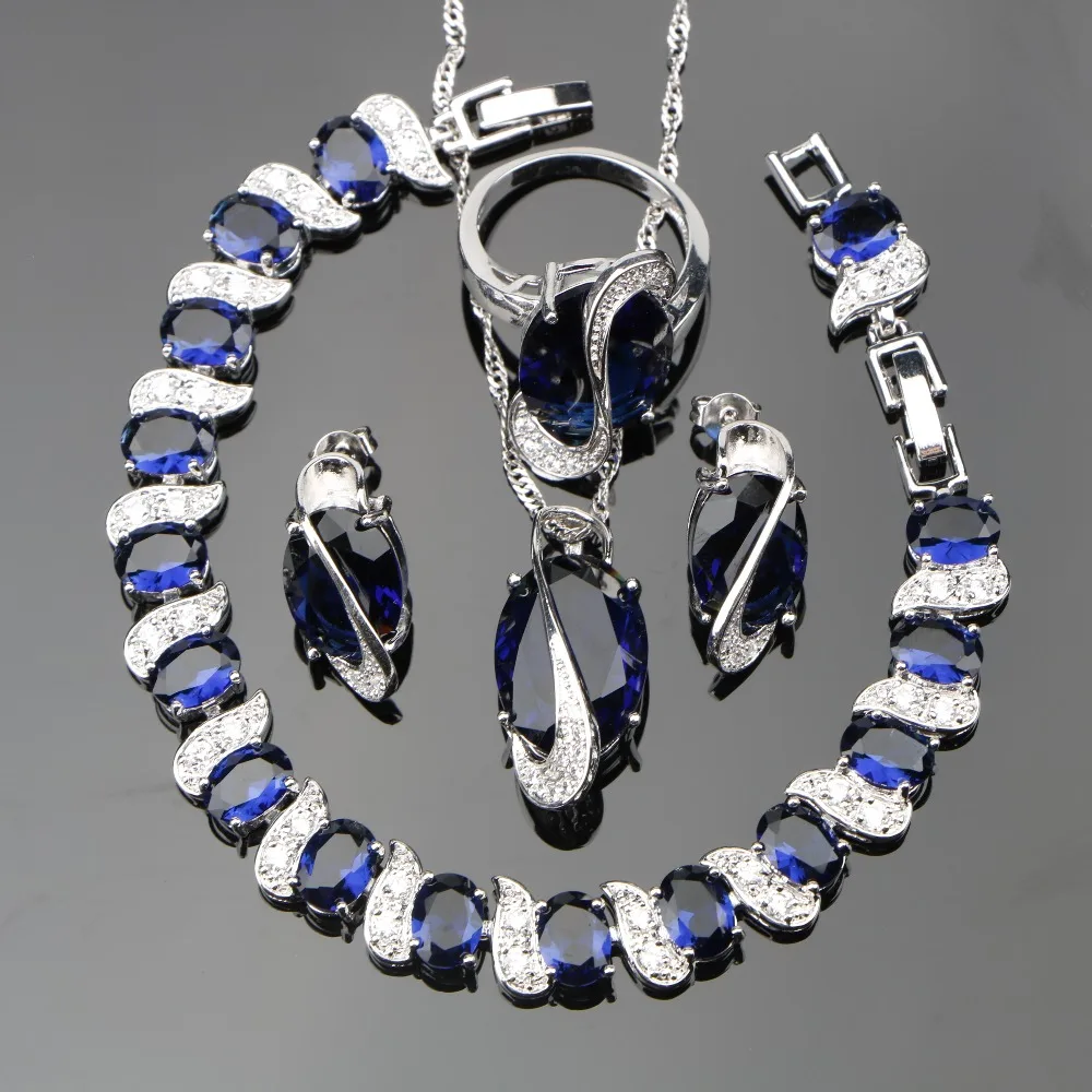 

Silver 925 Natural Blue Stones Jewelry Sets For Women White CZ Ring Size 6/7/8/9/10 Bracelet Length 20CM Free Box