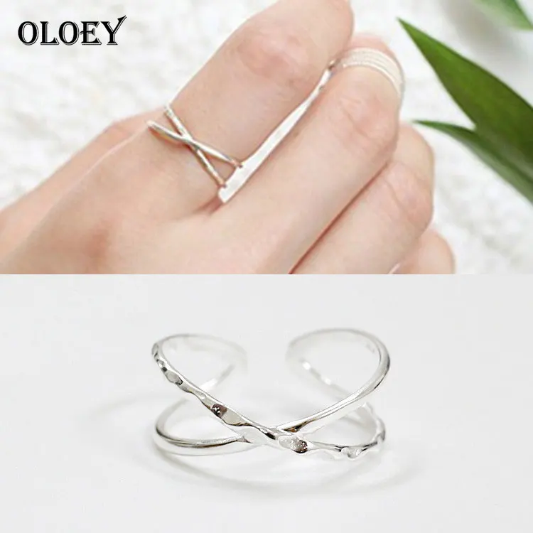 

OLOEY Real 925 Silver X Hollow Cross Open Ring Contracted Simple Adjustable Finger Rings Fine Jewelry For Women Girls YMR059