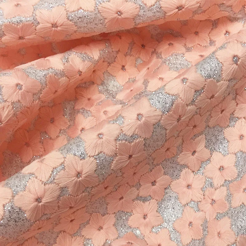 Pink Flowers Double Deck Embroidered Lace Fabric For Dress Bonded