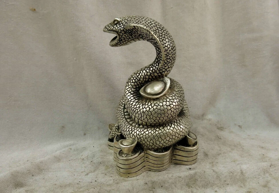 

6" China silver finely beautiful carved lucky wealth snake Sculpture Statue