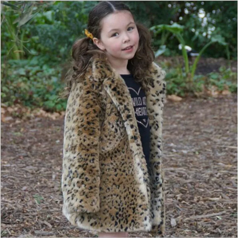 

New Leopard Faux Fur Coat Children's Clothing Warm Jacket Turn down Collar Girls Boys 3-8 Years Old Long Sleeve Overcoat QC916