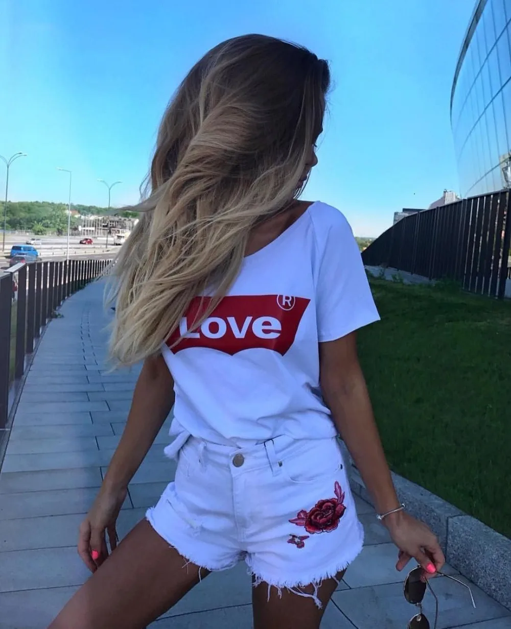 

Fashion Short Sleeve Letter LOVE Printed Cotton Top Women Sweet Casual T Shirt Summer O-Neck Tumblr Plus Size White T SHIRTS