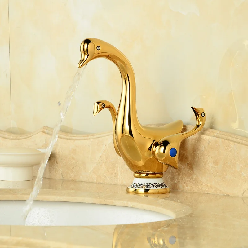 Cute Duck Shape Bathroom Basin Sink Faucet Dual Handles Brass Golden