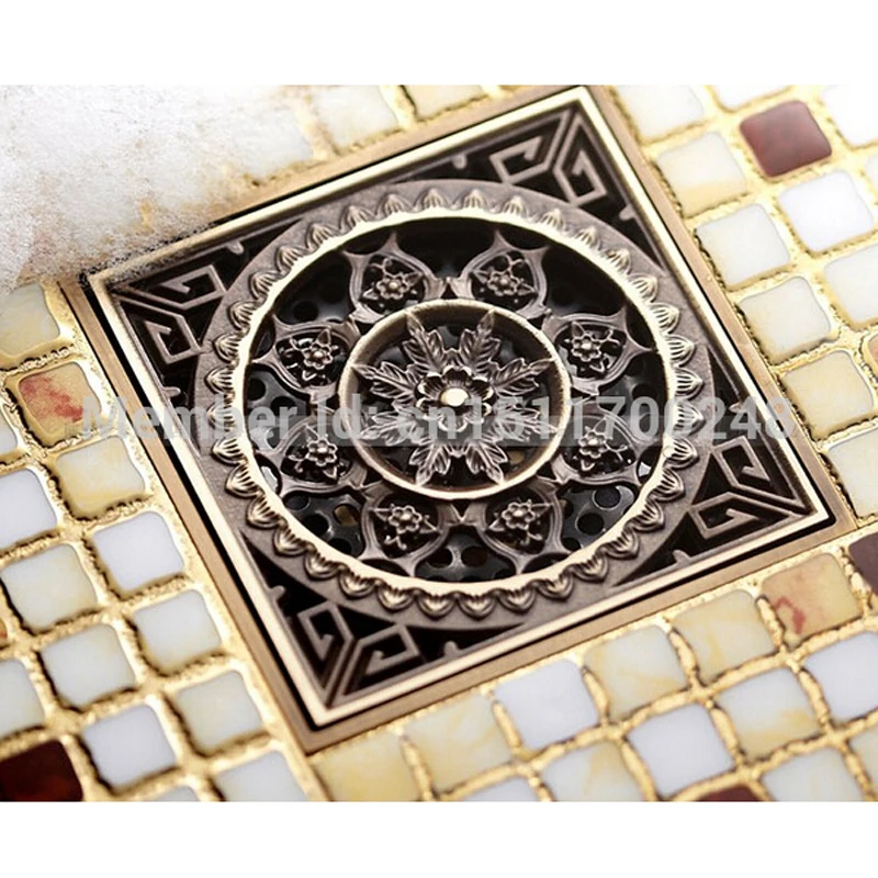 New-Antique-Brass-carving-flower-Art-Bathroom-4-square-Floor-Drain-Waste-Drain