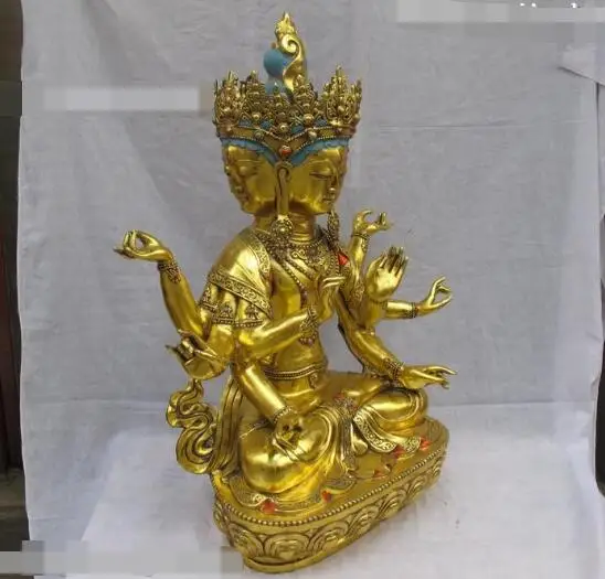 

S06417 32"Huge Tibet Bronze Gilt Four Face Head Eight Arm Hands Kwan-yin Buddha Statue