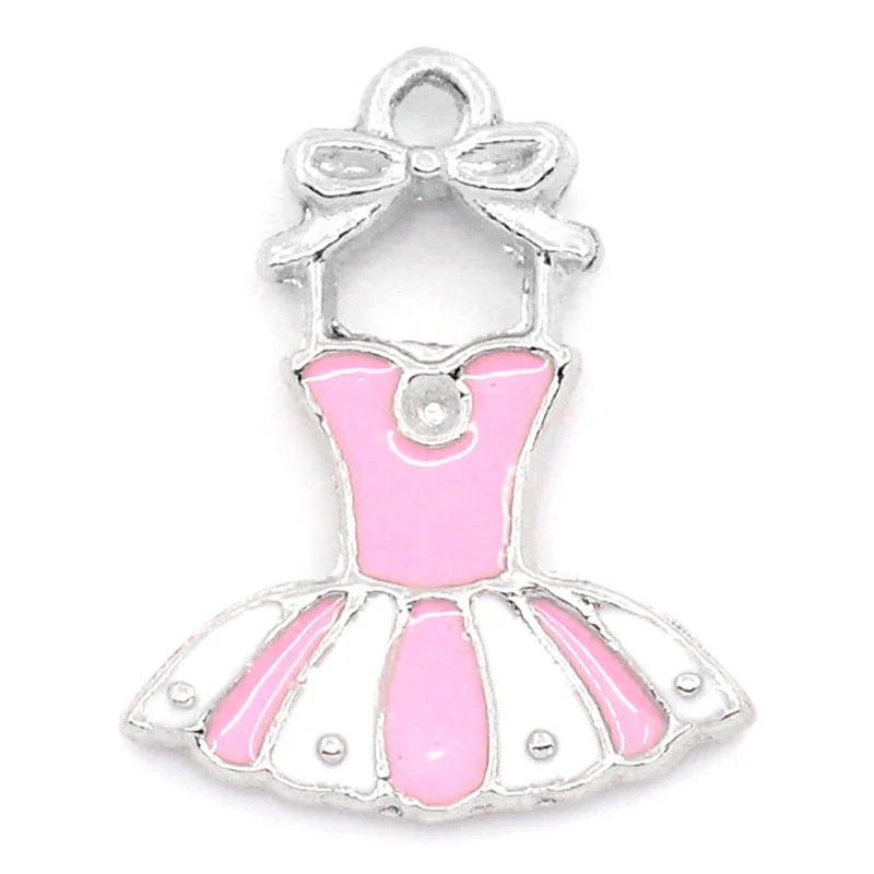 

Doreen Box Lovely Charm Pendants Dress Silver Tone Enamel Pink White 21x16mm,10PCs (B23486)