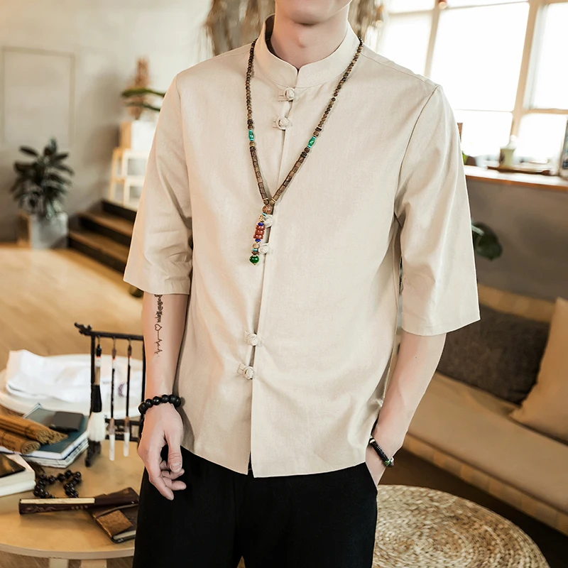 

Summer style Men half sleeve shirt men's clothing Vintage Solid Casual Shirts Men O-neck collar retro button cotton Linen Shirts