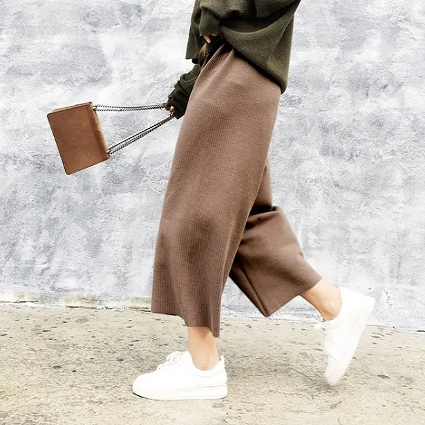 

Spring Autumn Striped High Waist Knitting Straight Loose Wide Leg Knit Pants Solid Casual Trousers