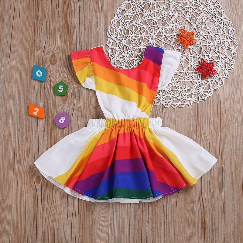 

Girls Dress 2019 Summer New Baby Rainbow Pattern Flare Sleeve Dress Girls Print Kids Toddler Backless Sundress Princess Dress