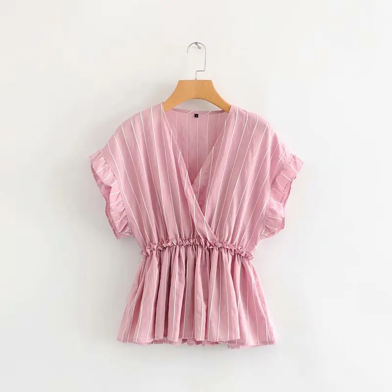 

2019 women sweet v neck striped print agaric lace blouse shirts women korean flare sleeve ruffles blusas chic summer tops LS3875