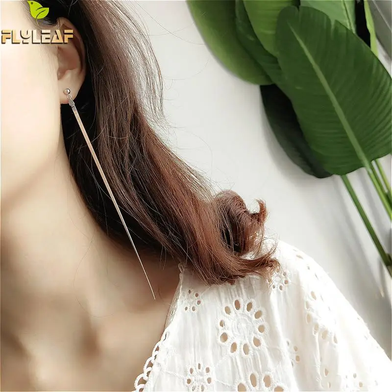 

Flyleaf 100% 925 Silver Fashion Jewelry Flat Snake Bone Earings Line Drop Tassel Long Earrings For Women Big Dangle Earrings