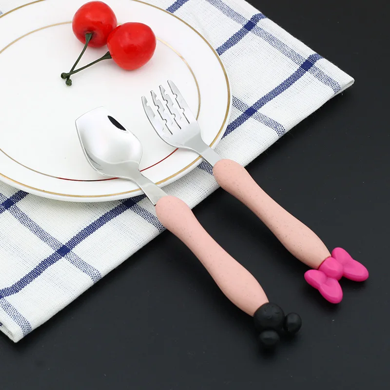 

Stainless Steel Cartoon Mickey Mouse Minnie Fork Kids Dinnerware Tableware Set Child Baby Wheat Straw Handle Children Cutlery