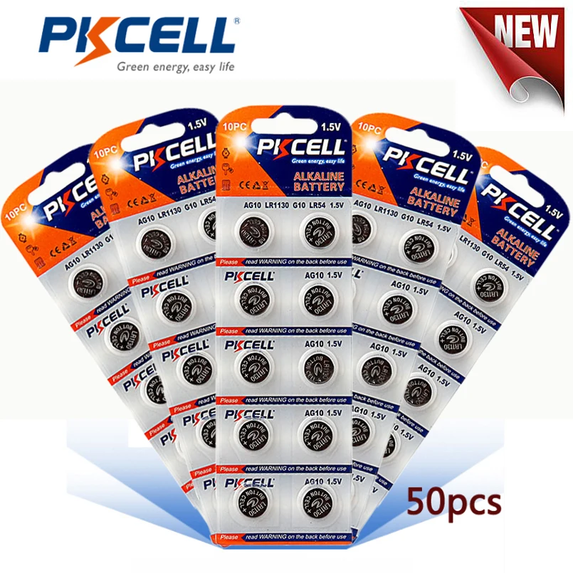 500Pcs/50Card PKCELL 1.5V AG10 LR54/189/L1130 Button batteries Alkaline