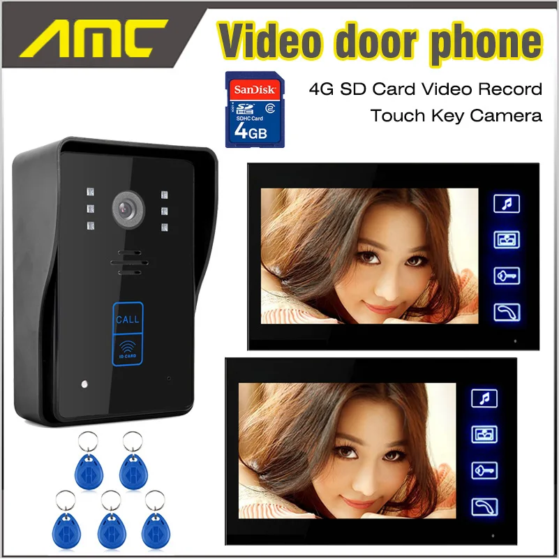 7 Inch LCD Screen Video Record Video Door Phone Doorbell Video Intercom Night Vision Touch Key Door Camera ID Card + 4G SD Card