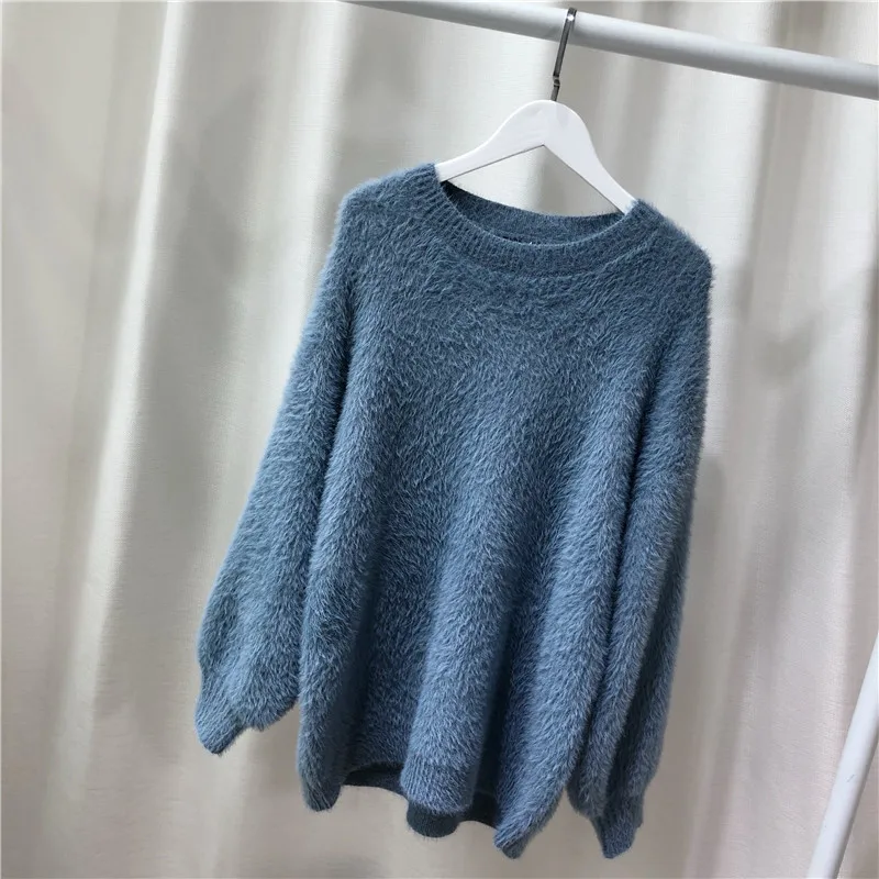 OLN 2019 New Winter Pullover Loose Solid Color Plush Sweater Mohair Round Collar Top Comfortable Streetwear Women Sweaters 6536