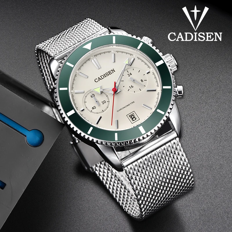 

Cadisen Men's Business Chronograph Quartz Watches Mesh Strap Waterproof Dress Wristwatch Man Military Relogios Clock 9065 Green