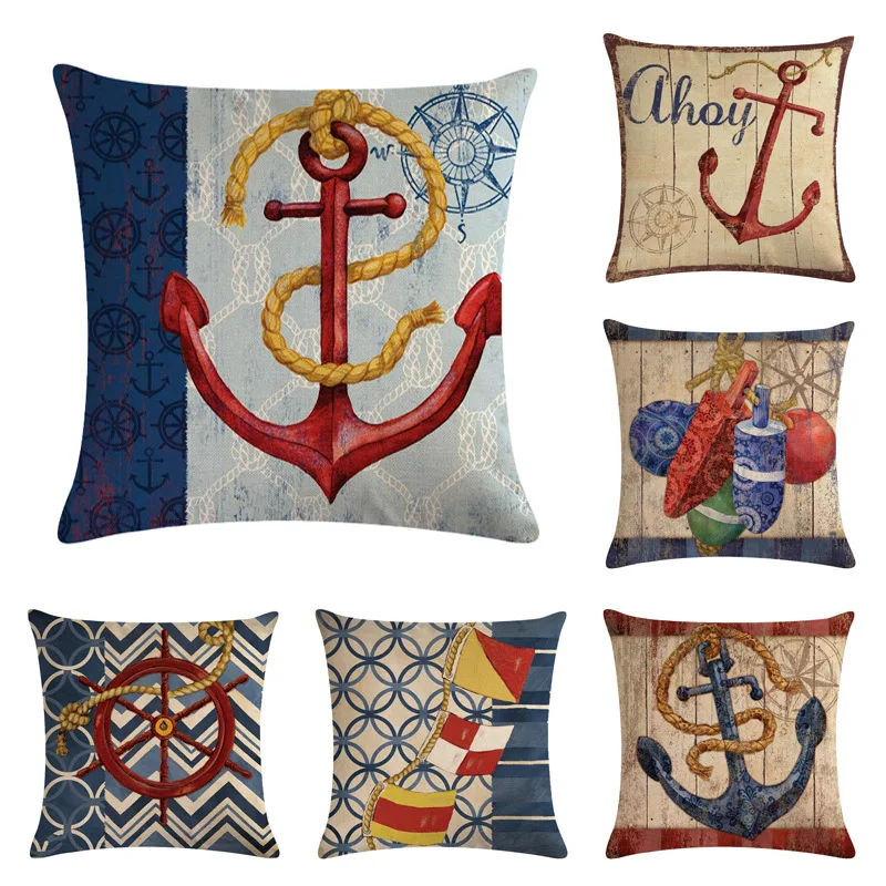 

Sea Blue Compass Printed Cushion Cover Anchor Pattern Marine Ship Throw Pillow Case Decorative Pillowcase