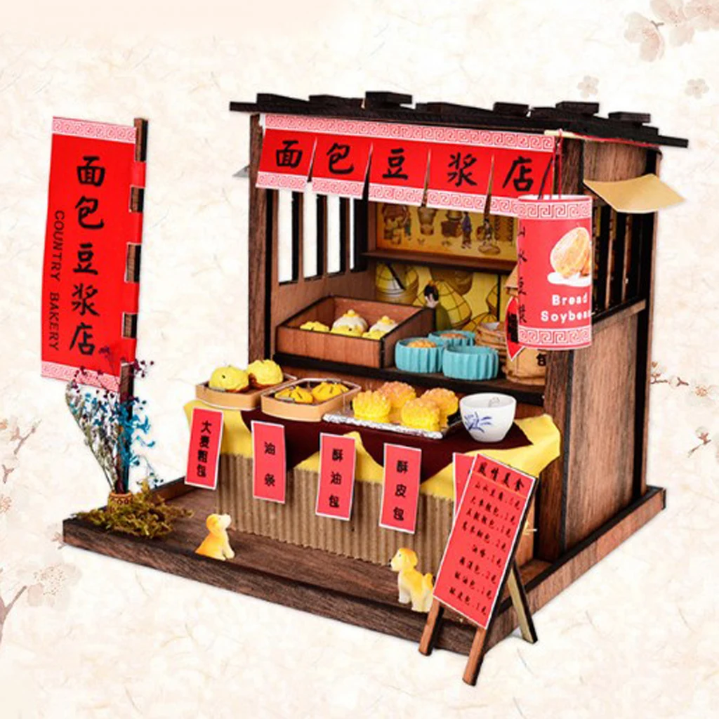 DIY Handcraft Miniature Project Wooden Dolls House Antique Bread Soybean Milk Shop with Furniture Foods Accessories Kit