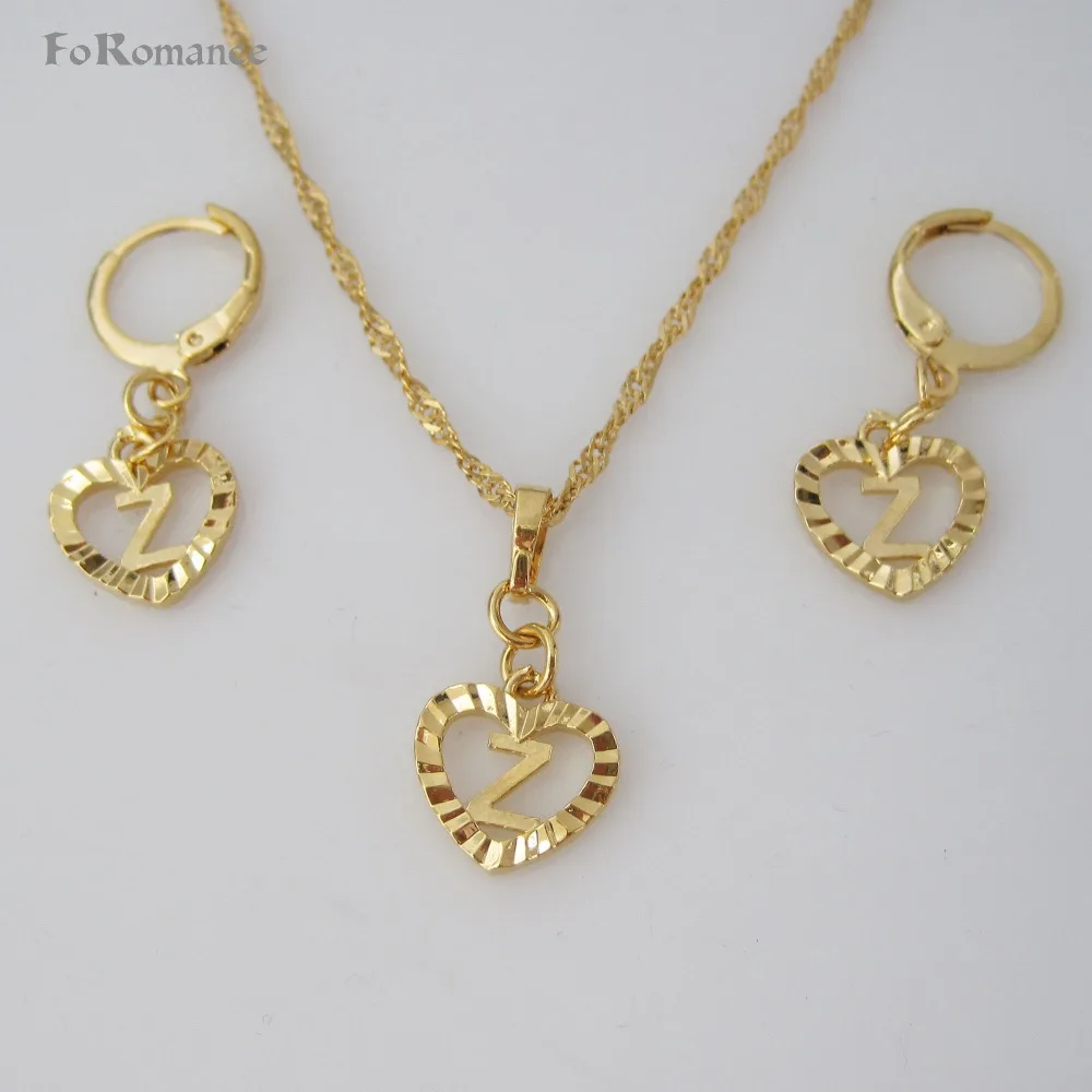 

FoRomance- HIGH QUALITY GOLD GP 26 LETTERS INITIALS FROM U TO Z HEART LINE CARVED PENDANT 18" WATER WAVE NECKLACE EARRING SET