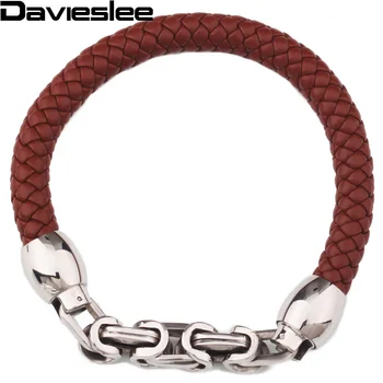 

9mm Braided Rope Man Made Leather Bracelet Brown Black Leather w Stainless Steel Byzantine Link Bracelet about 8.66inch LLBM27