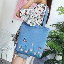 100 шт./лот, Женская Корейская Повседневная многоразовая сумка с большой вместительностью, модная Цветочная вышивка на плече, сумка для покупок, хлопковая джинсовая сумка