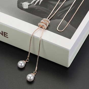 

Small bulb-Simple temperament Long Necklace Artificial Pearl with Rhinestone Pendant Women Accessories wild Sweater Chain