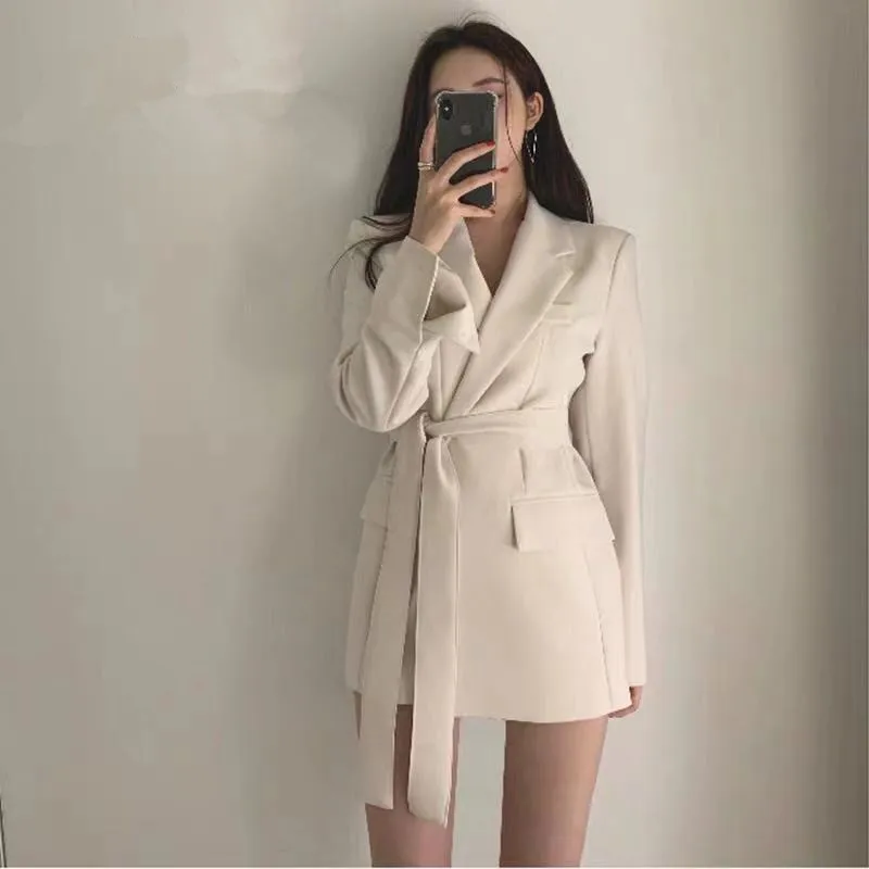 Fall Women Apricot Jackets Women long Jacket Black Suit Cape Long Sleeve Sashes Lace up Outwear Women