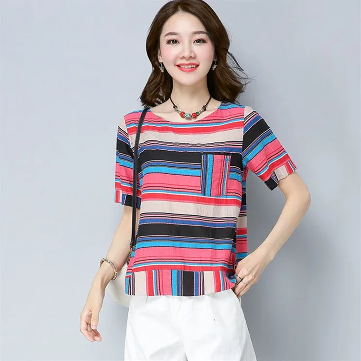 Cotton Linen Blouse Shirt Female Colourful Striped Tops Ladies 2018 New Summer Short Sleeve Women Shirts Rayas Blusas Mujer Mode (8)
