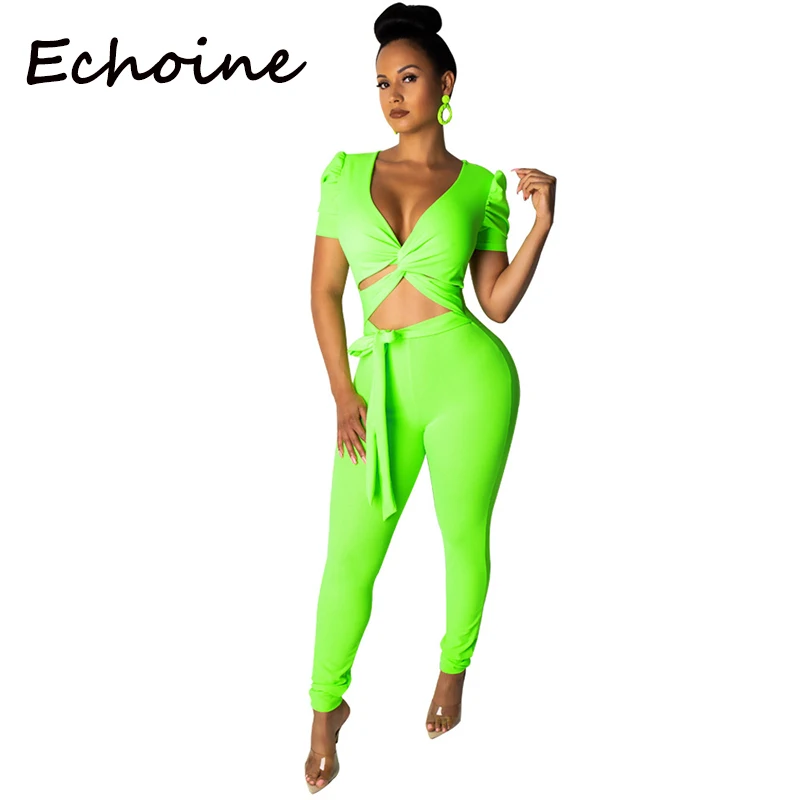 

Echoine Fashion Women Set Two Piece Set Short Top + Long Pant Deep Short Sleeve V-neck Open Up Bandage 2 Piece Outfits For Women