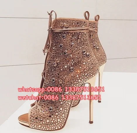 2017 Hot Sale Lace Up Women Stiletto Rhinestone Ankle Booties Cut-outs Peep Toe Thin High Heels Boots Shoes Rome Style Sandals