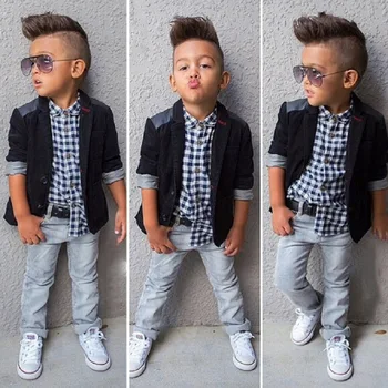 2018 Autumn Kids Boy Clothes Set 3 Pieces Suits Coat+plaid T-shirt+Jeans Children little casual boys clothing sets 2-8 Years 1