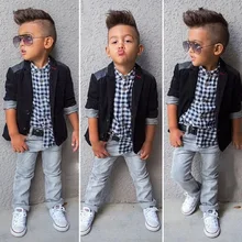 2020 outono crianças menino roupas conjunto 3 peças ternos casaco + xadrez camiseta + jeans crianças pouco casual meninos conjuntos de roupas 2-8 anos