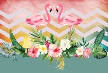 Laeacco Pink Flamingos Birthday Party Chevrons Stripes Flower Baby Newborn Portrait Photo Background Photo Backdrop Photo Studio