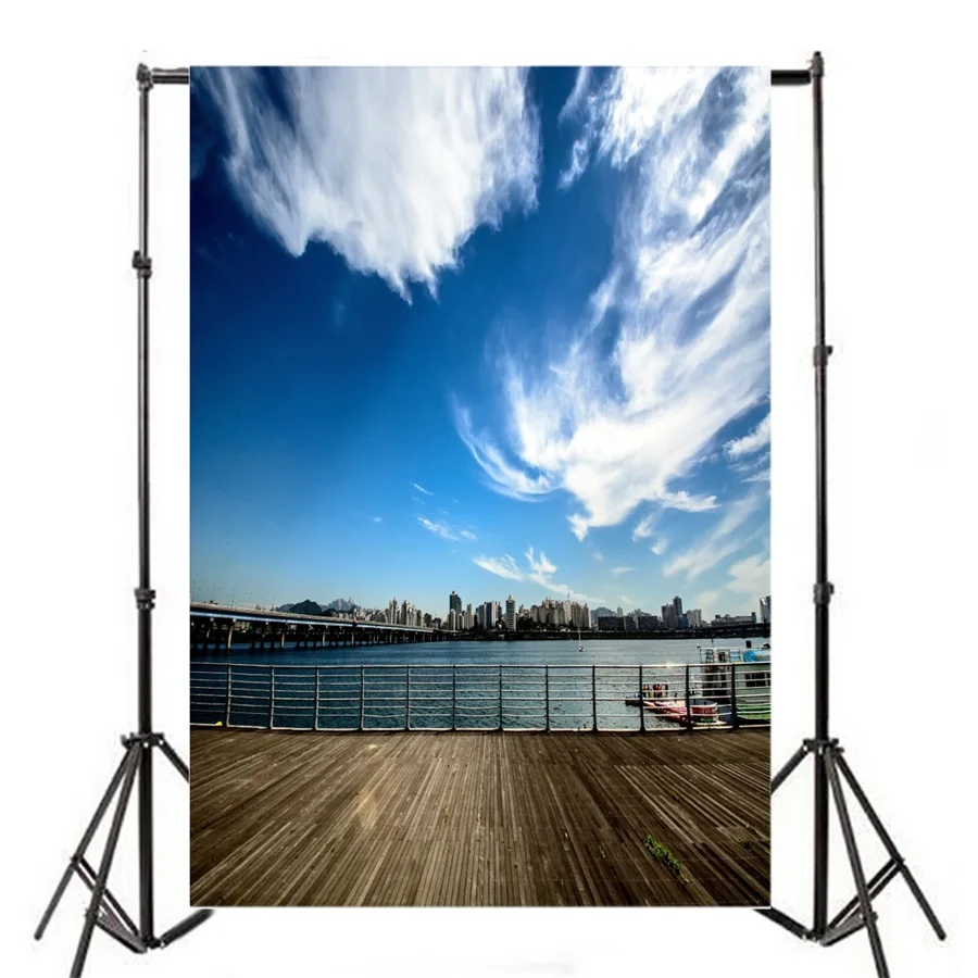 Laeacco Clouds Sky City Buildings River Bridge Scenic Photography Backgrounds Vinyl Custom Camera Backdrops For Photo Studio