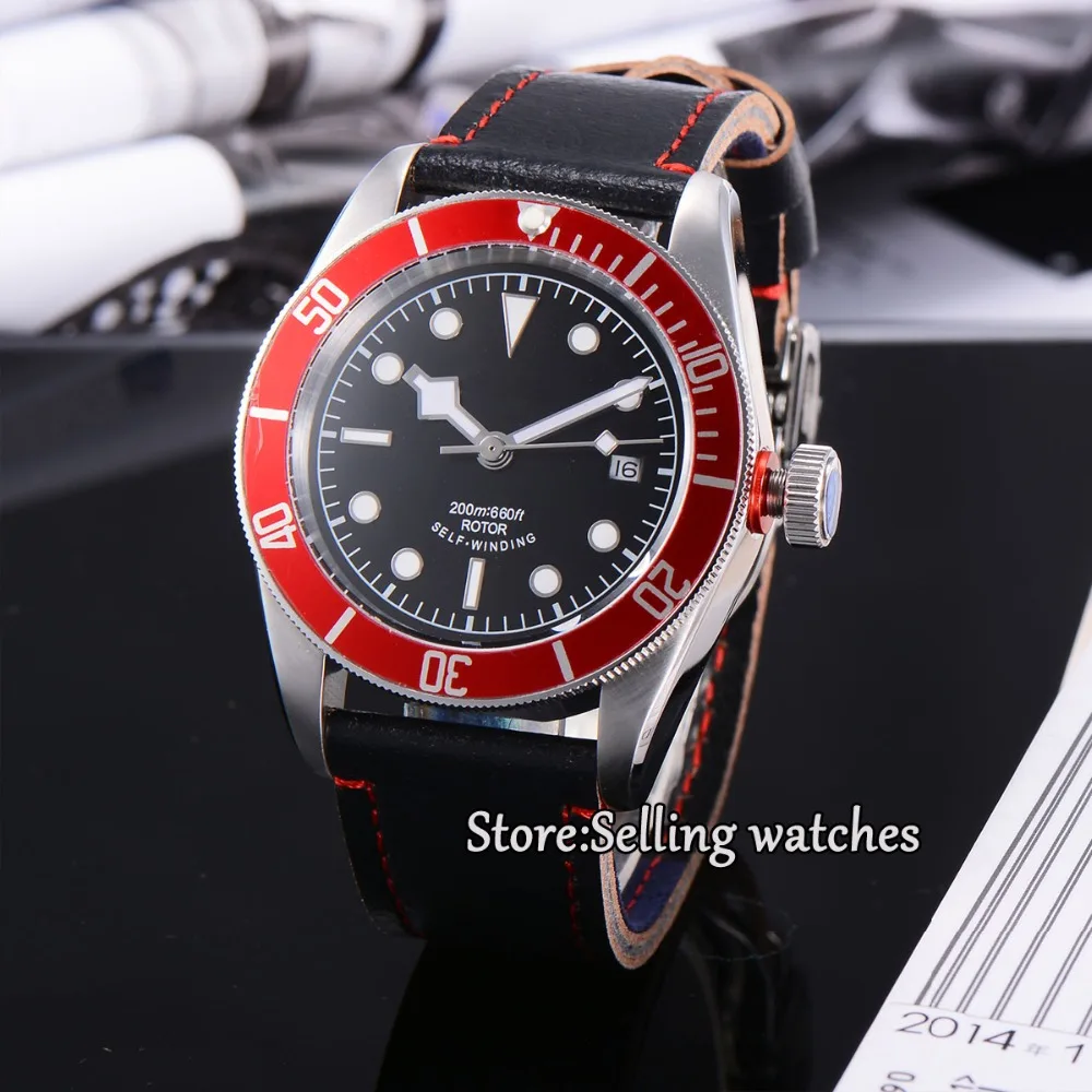 

41mm corgeut black dial red bezel Automatic diving mens watch