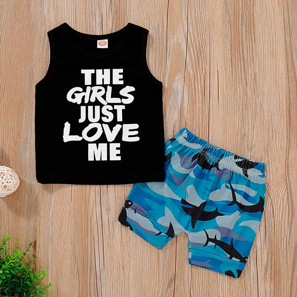

Summer Outfits Sleeveless Toddler Newborn Infant Baby Boy Kid Letter Printed Vest Tops+Modis Camouflage Shorts Set Baby Clothes