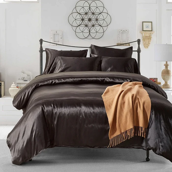 black Роскошный серый атласный Шелковый комплект постельного белья queen King size наволочка с принтом набор пододеяльников для пуховых одеял лето прохладно спальное постельное белье 40 - Цвет: black