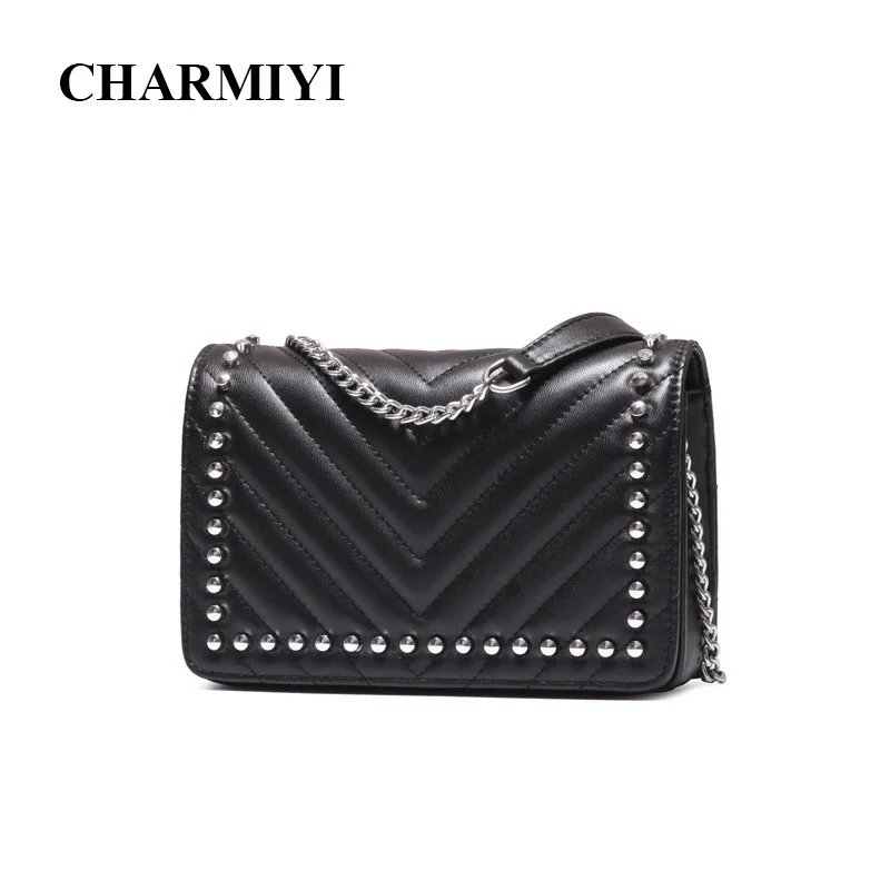 

CHARMIYI Rivets Genuine Leather Women Shoulder Bag Ladies Messenger Bag V-Shaped Chain Handbag Fashion Crossbody Bags For Girls