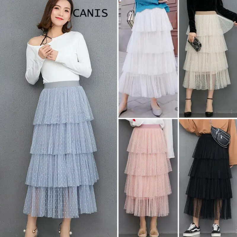 Womens Skirts Sweet Style Pleated Tulle Dot Print High Waist Cupcake Skirt Tutu Ball Gown Fashion Casual Summer Skirt Women 2019